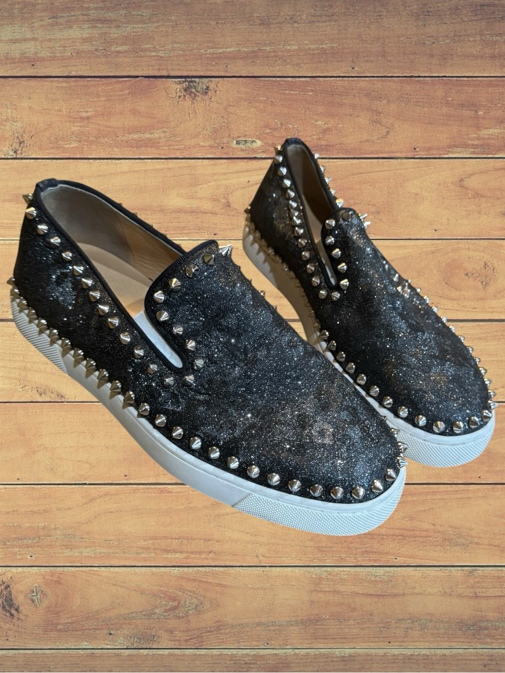 Christian Louboutin Authentic Pik Boat Spiked Black Glitter Slip On Sneakers - Picture 13 of 16